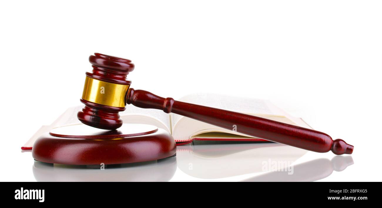 Judge's gavel and open book isolated on white Stock Photo - Alamy