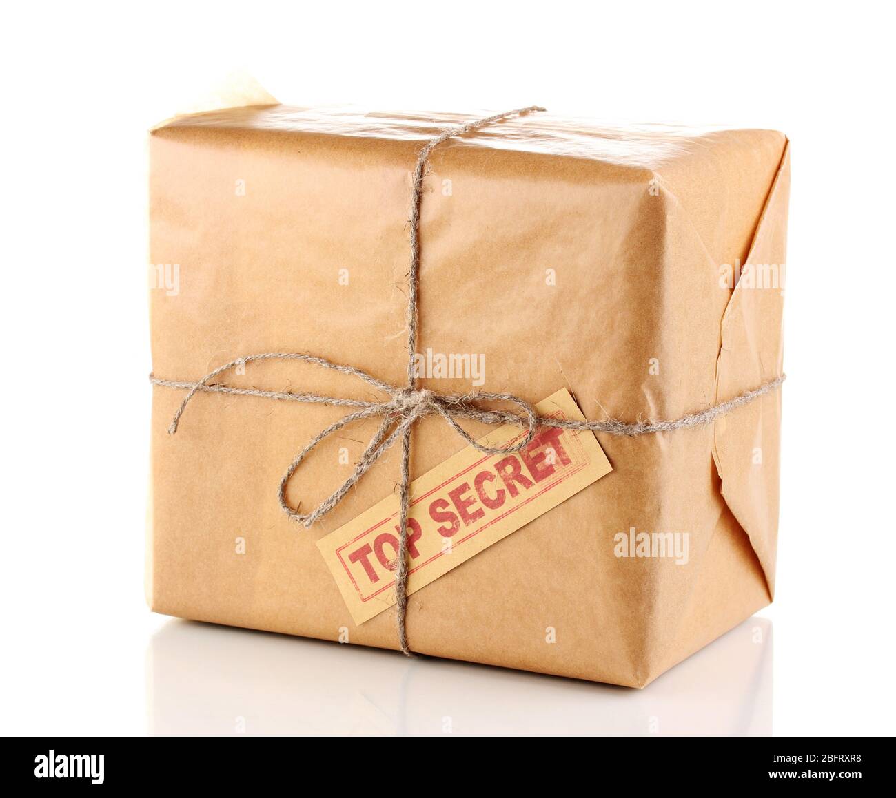 Parcel with top secret stamp isolated on white Stock Photo
