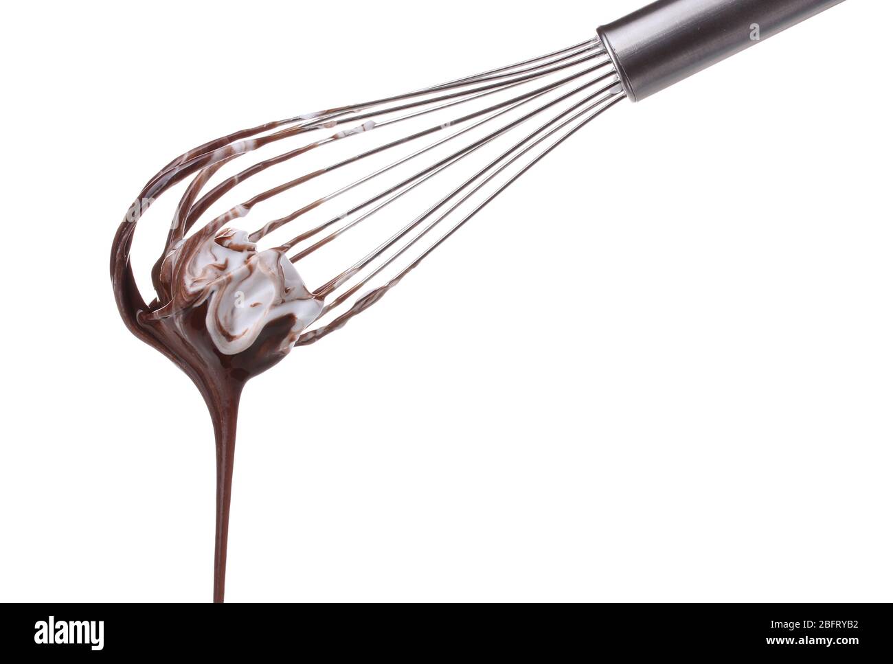 Metal whisk for whipping eggs with chocolate cream isolated on white