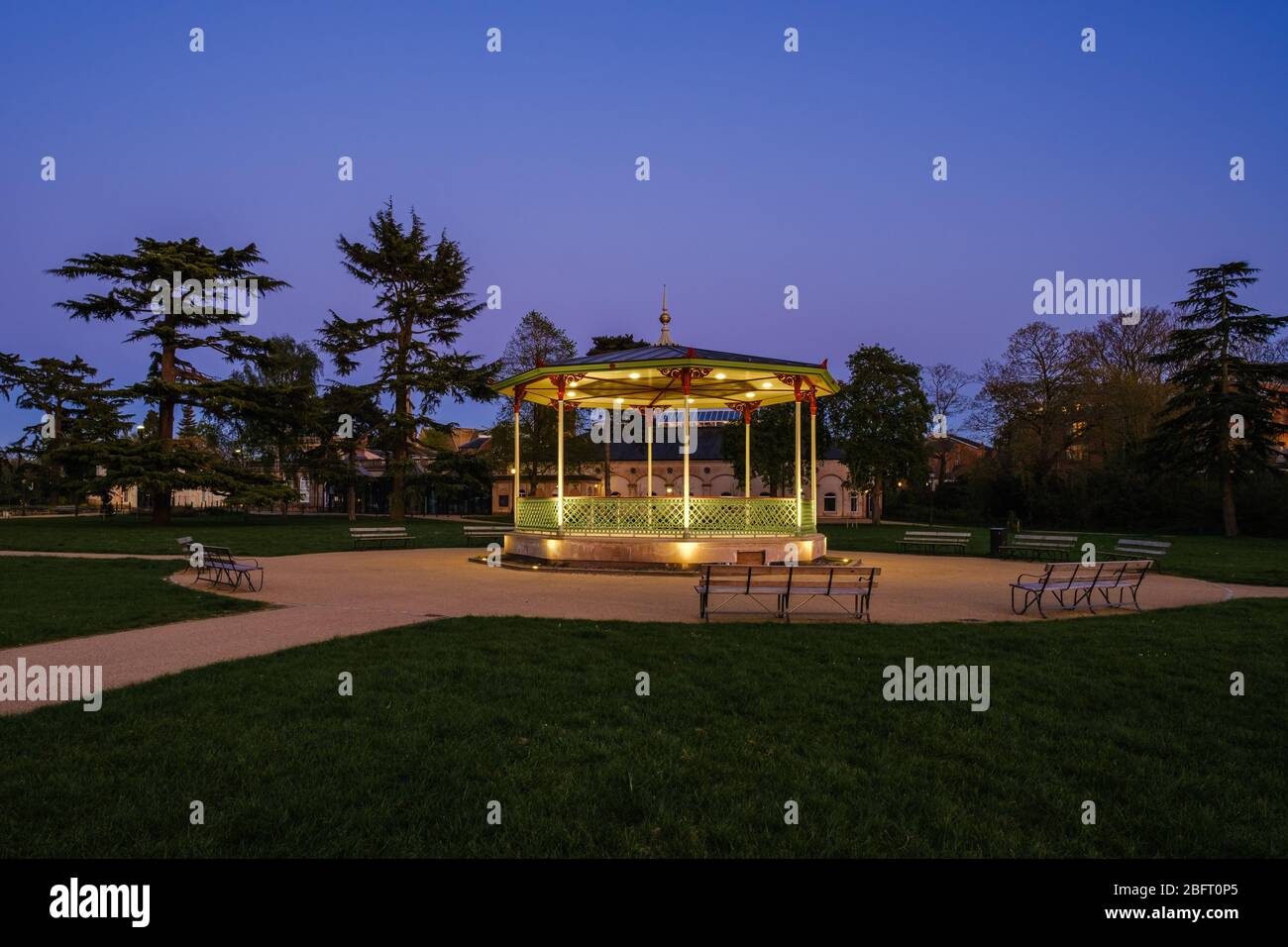 Victorian Bandstand in the Royal Pump Rooms Gardens, Royal Leamington Spa, one month after its 2019 refurbishment, completed in March 2020. Stock Photo