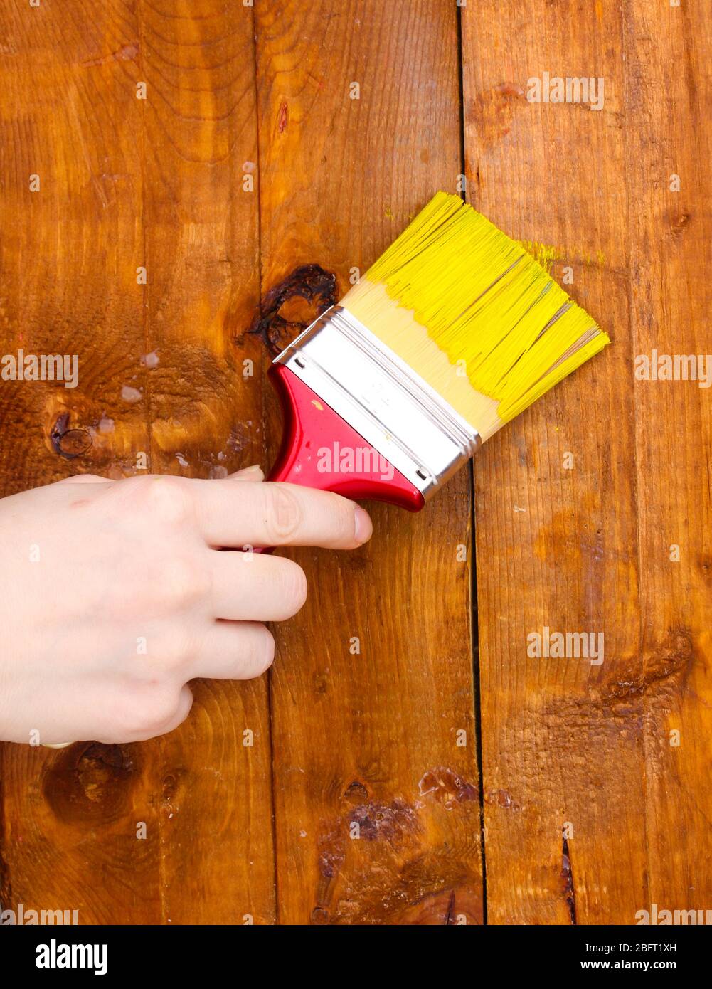 Painting wooden fence with yellow paint Stock Photo Alamy