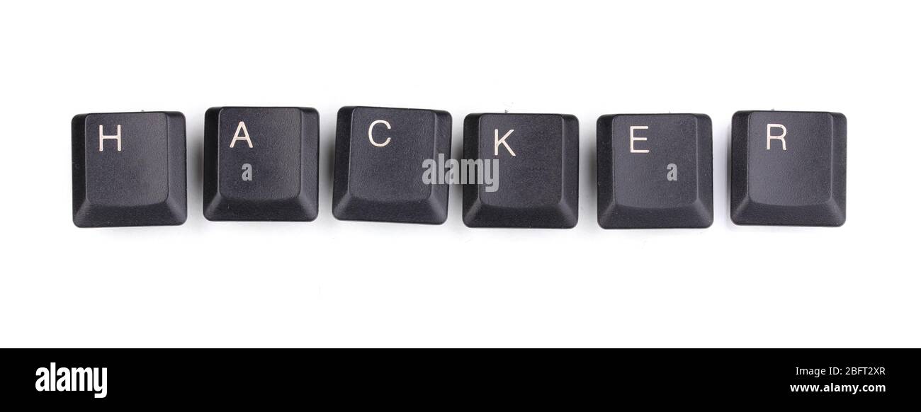 Keyboard keys saying hacker isolated on white Stock Photo