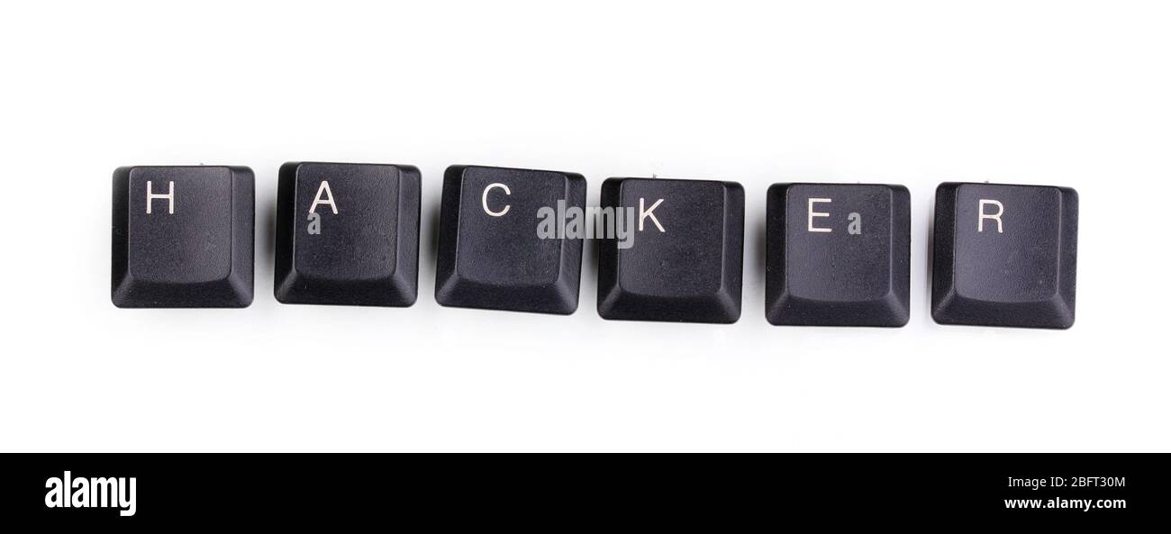 Keyboard keys saying hacker isolated on white Stock Photo