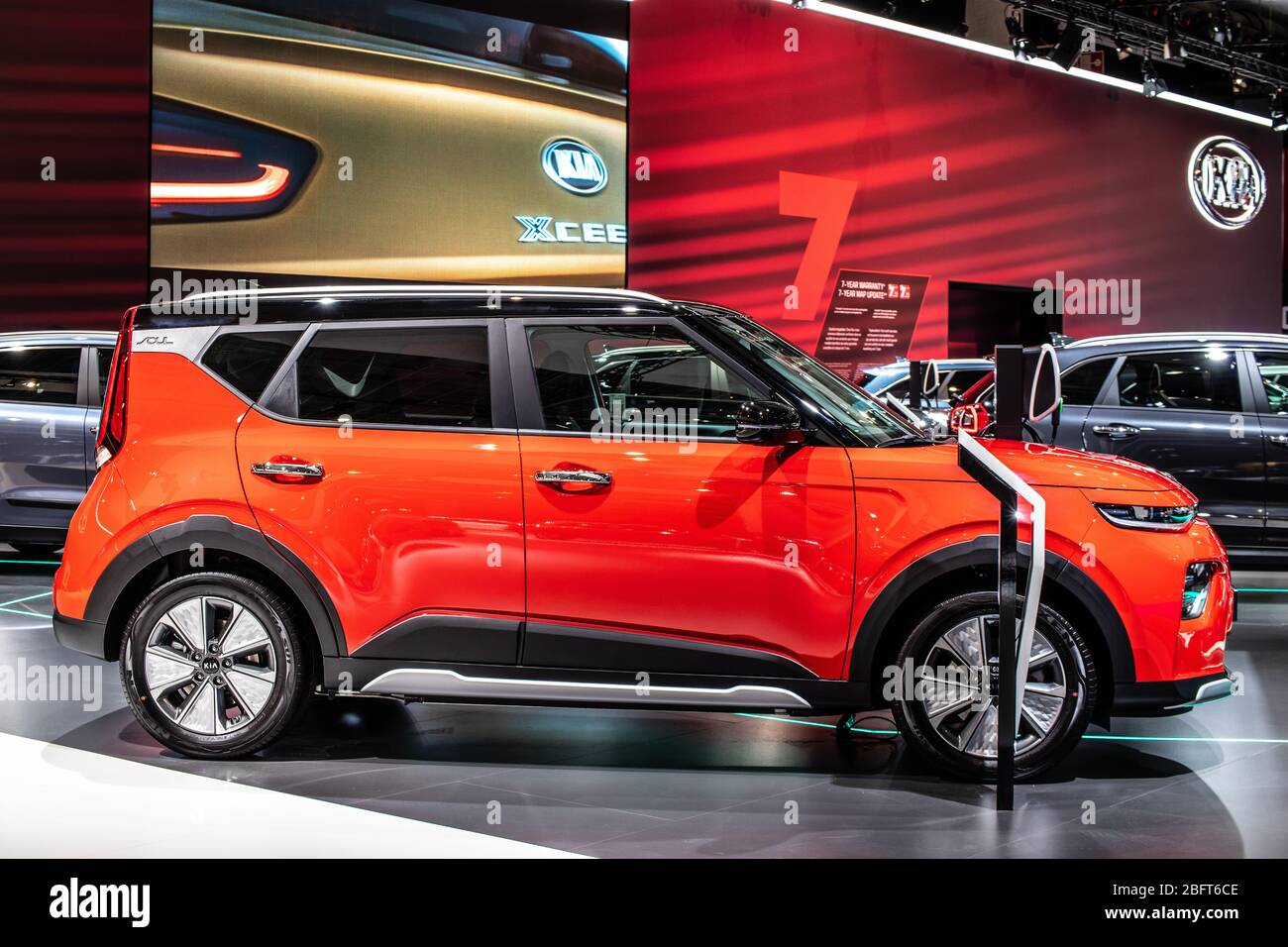 Brussels, Belgium, Jan 09, 2020: metallic red all-new Kia e-Soul EV at Brussels Motor Show, Third generation, SK3, produced by Kia Motor Stock Photo