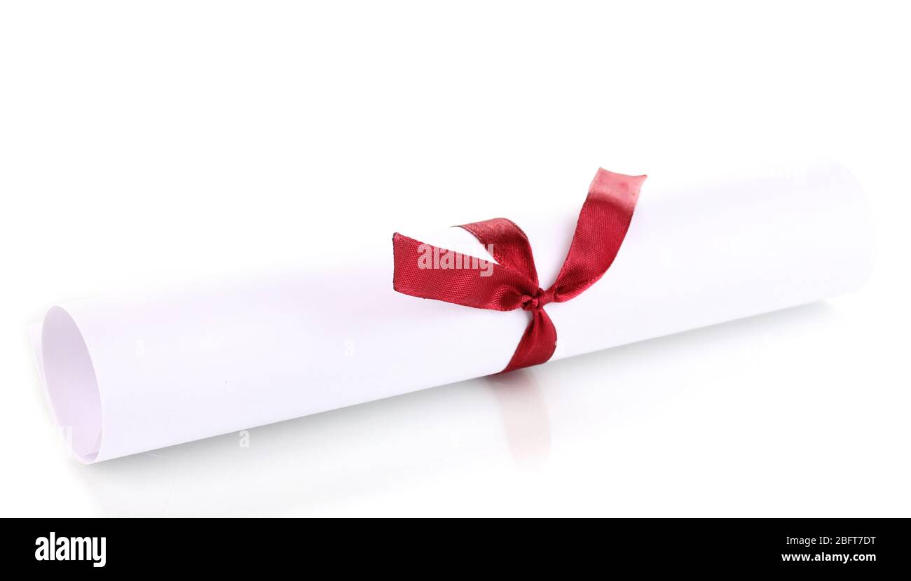 Graduation diploma tied with ribbon isolated on white Stock Photo - Alamy