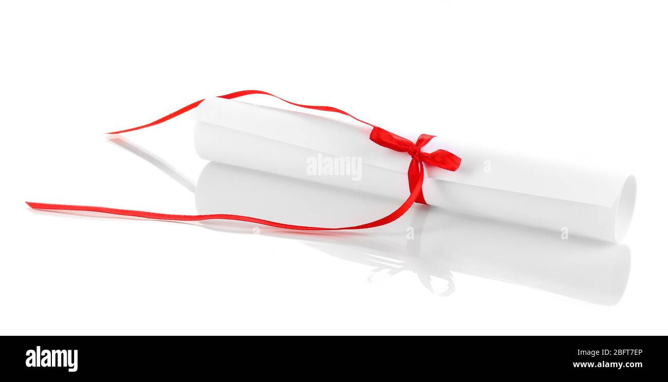 Graduation diploma tied with ribbon isolated on white Stock Photo - Alamy