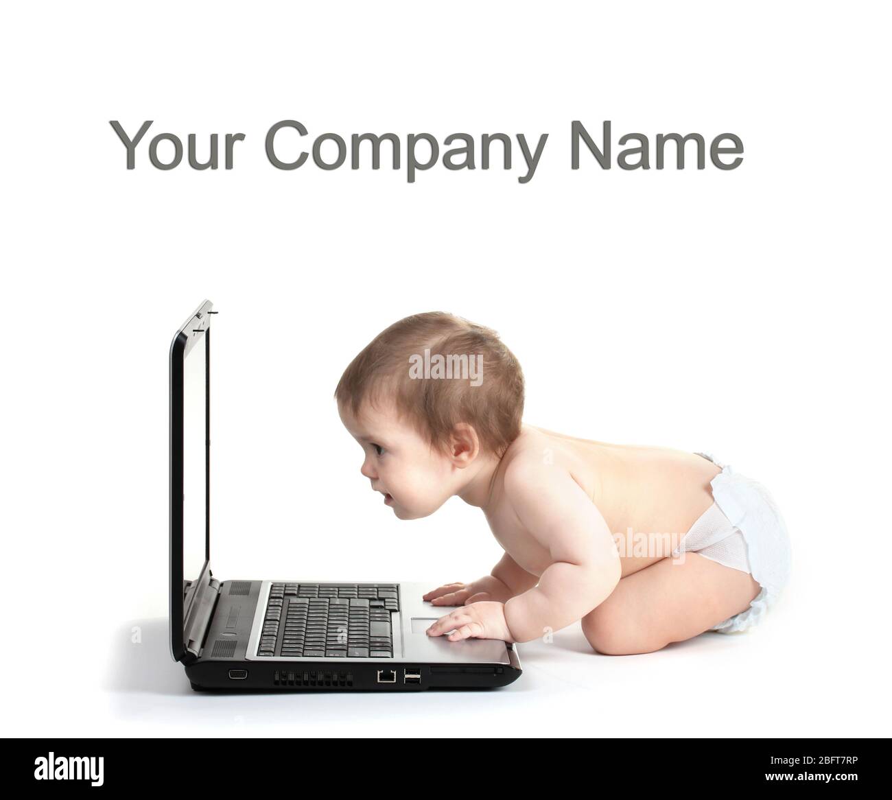 Cute baby girl and laptop isolated on white Stock Photo - Alamy