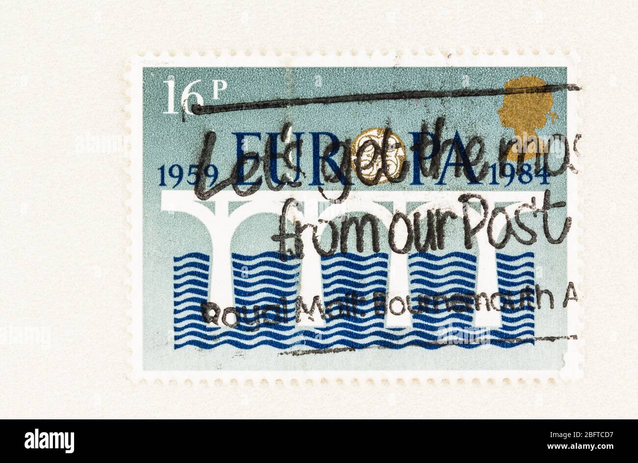 SEATTLE WASHINGTON - April 18, 2020: Close up of 1984 Europa  stamp of Great Britain, featuring a bridge over water, commemorating 25th anniversary of Stock Photo