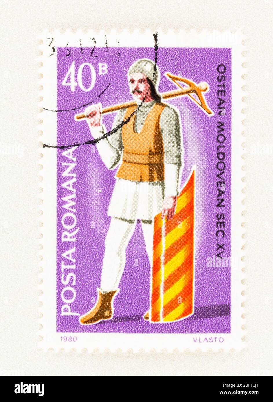 SEATTLE WASHINGTON - April 18, 2020: Close up of Romanian Stamp, featuring 15th century Moldavian military man in uniform. Scott 2978 Stock Photo