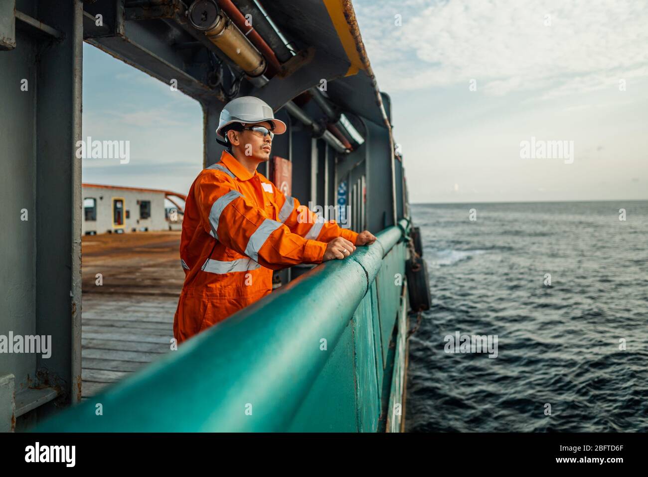 Filipino deck Officer on deck of vessel or ship Stock Photo