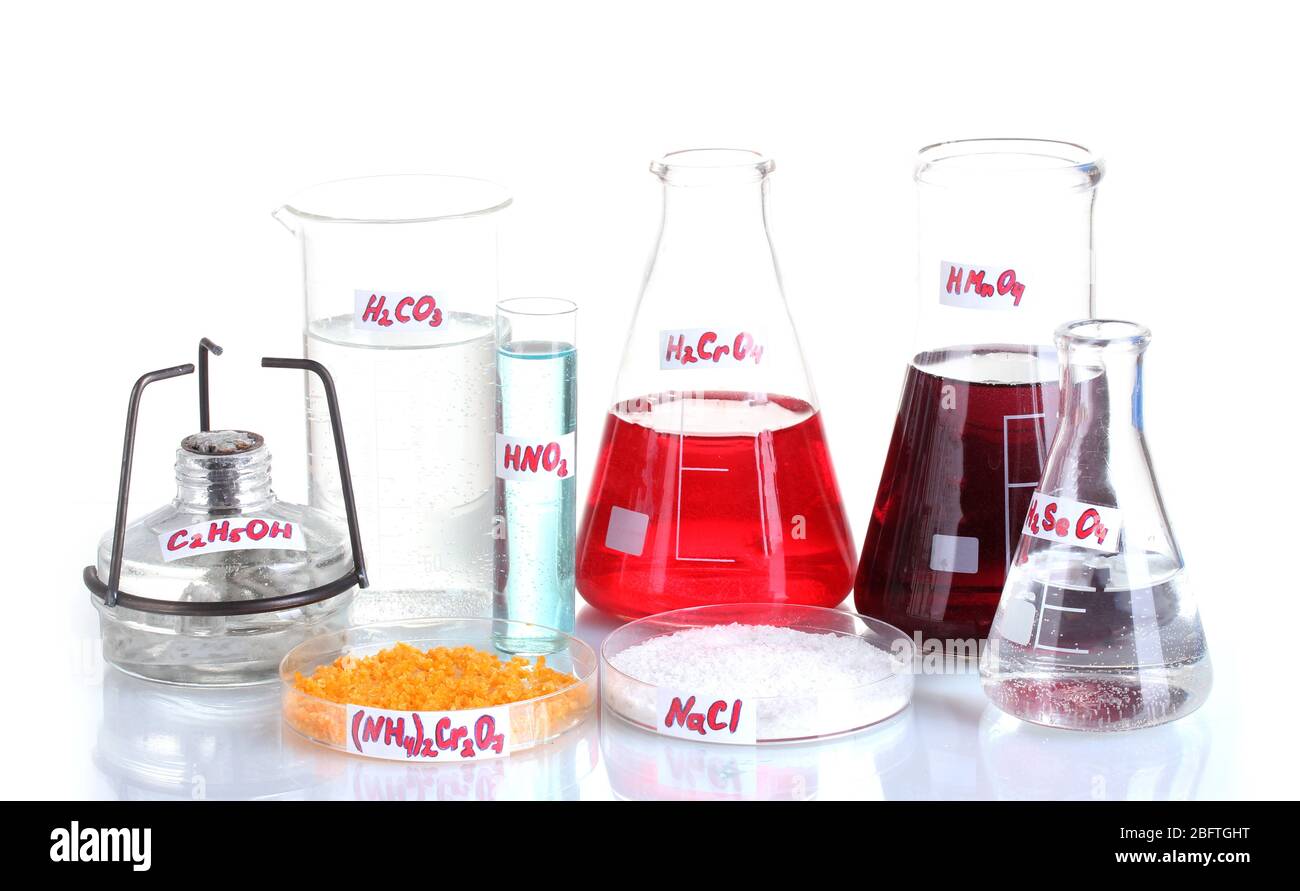 Test-tubes with various acids and chemicals isolated on white Stock ...