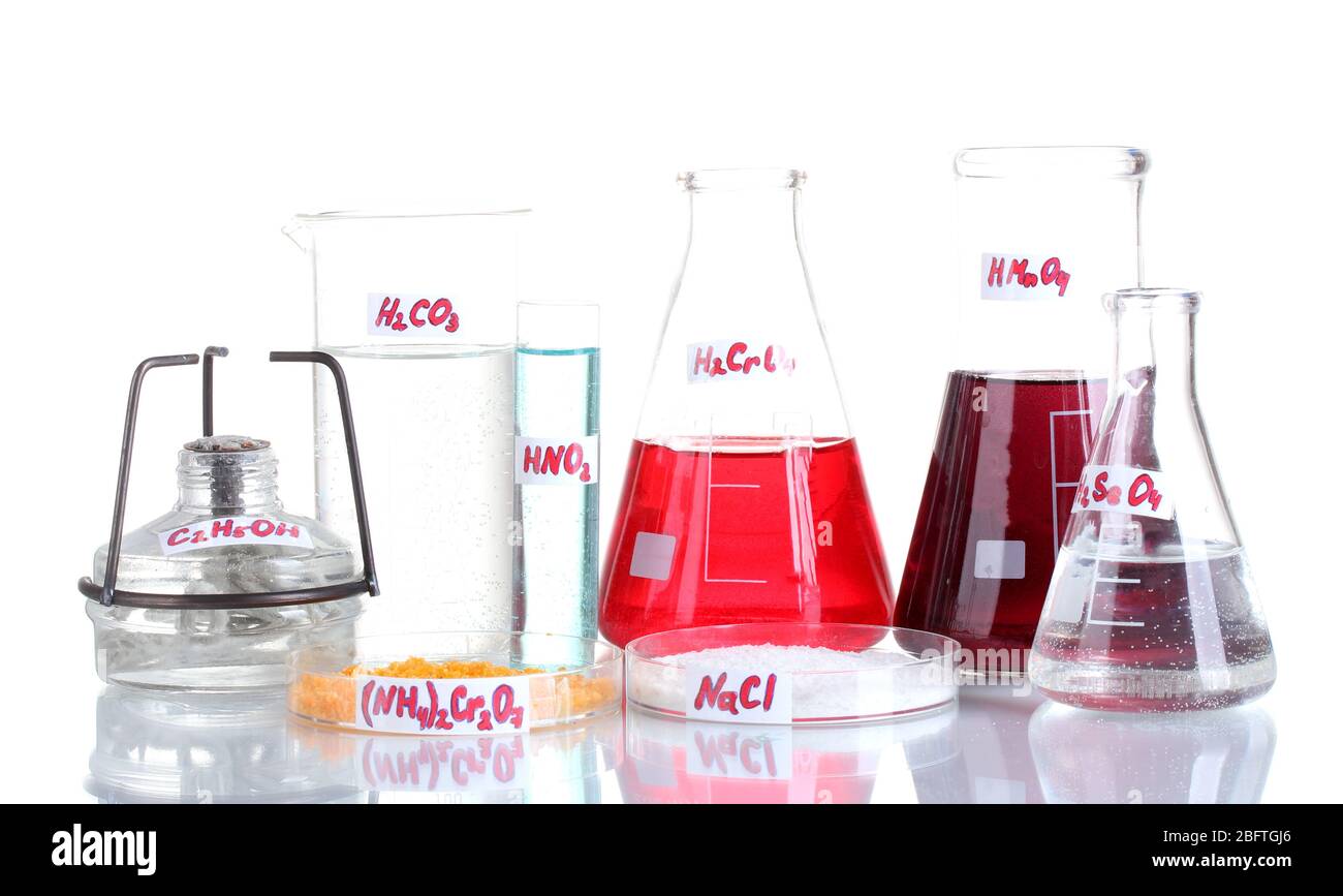 Test-tubes with various acids and chemicals isolated on white Stock ...