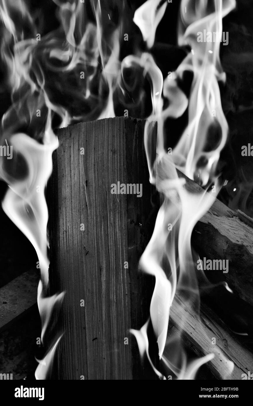 Logs on fire in black and white Stock Photo