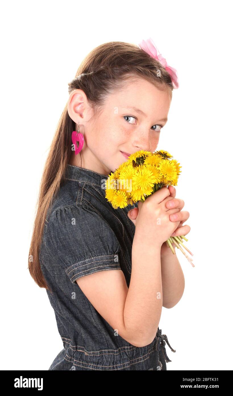 Portrait of beautiful little girl with dandelions isolated on white ...