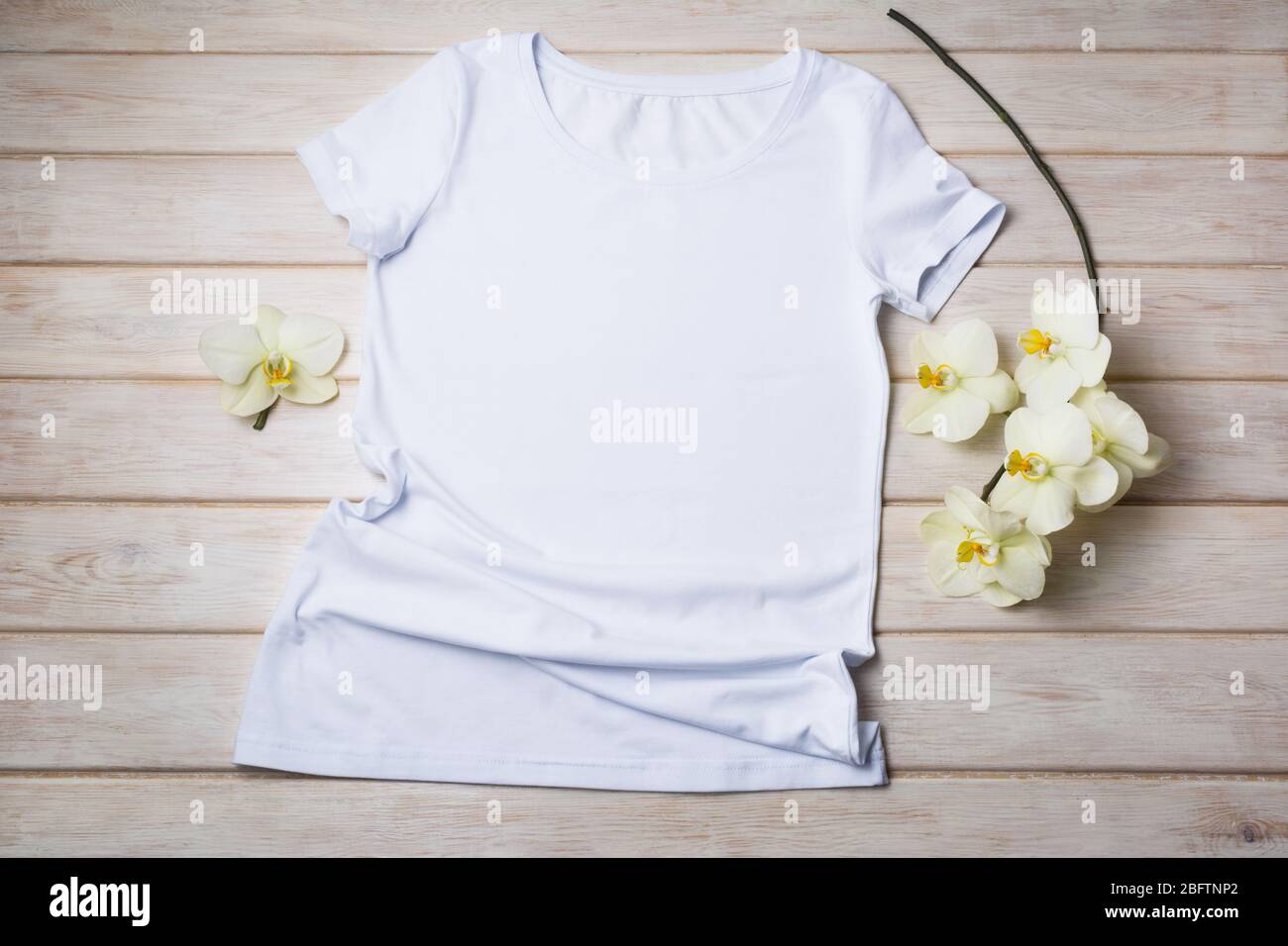 Download White Women S Cotton T Shirt Mockup With Yellow Orchid Flowers Design T Shirt Template Tee Print Presentation Mock Up Stock Photo Alamy