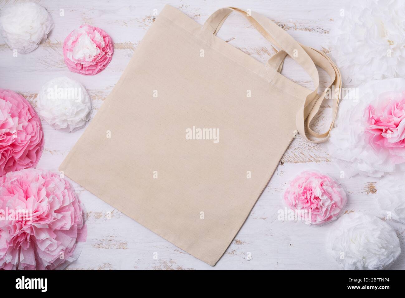 Download Canvas Tote Bag Mockup With White And Pink Paper Flowers Empty Tote Bag Mock Up For Branding Presentation Stock Photo Alamy