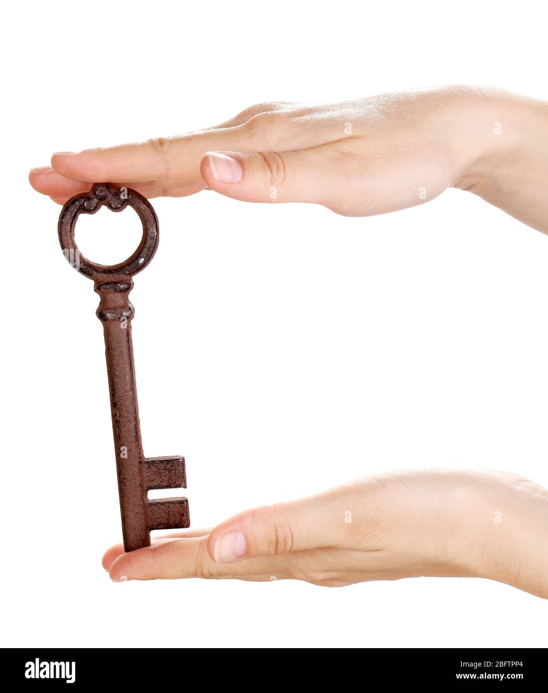 woman's hand holding an antique key on white background Stock Photo - Alamy