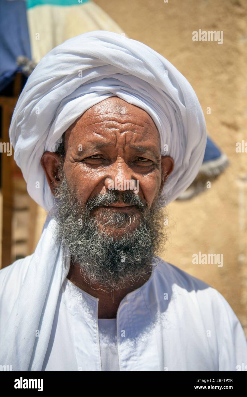Portrait of Man at Edfu Temple in Aswan, Egypt. Stock Photo