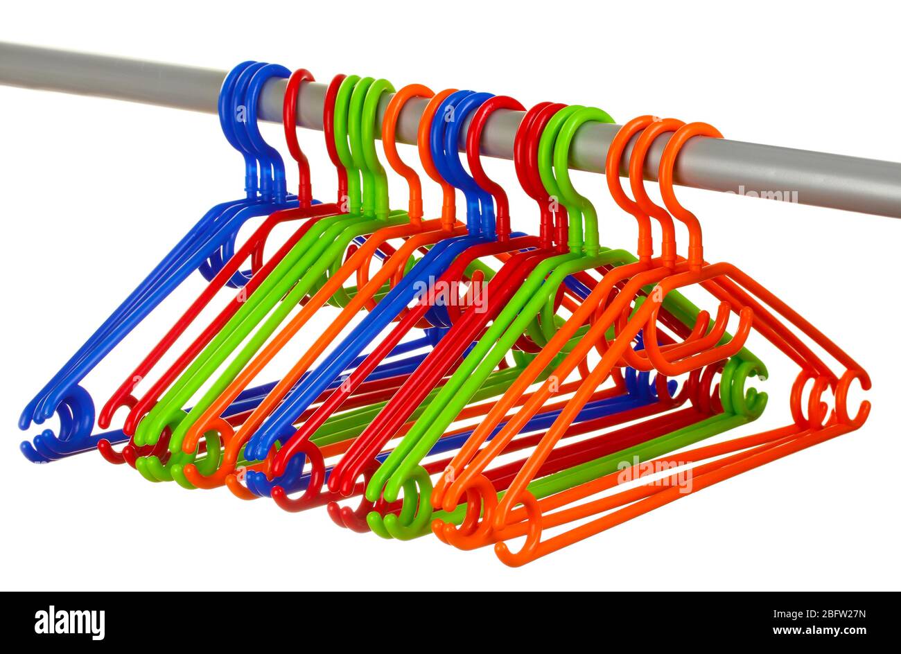 plastic hangers in row  isolated on white Stock Photo