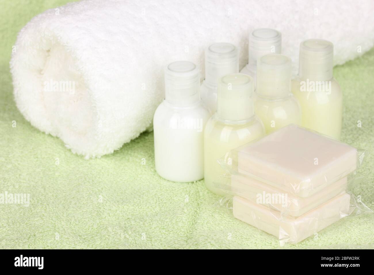 Hotel amenities kit on towel Stock Photo Alamy