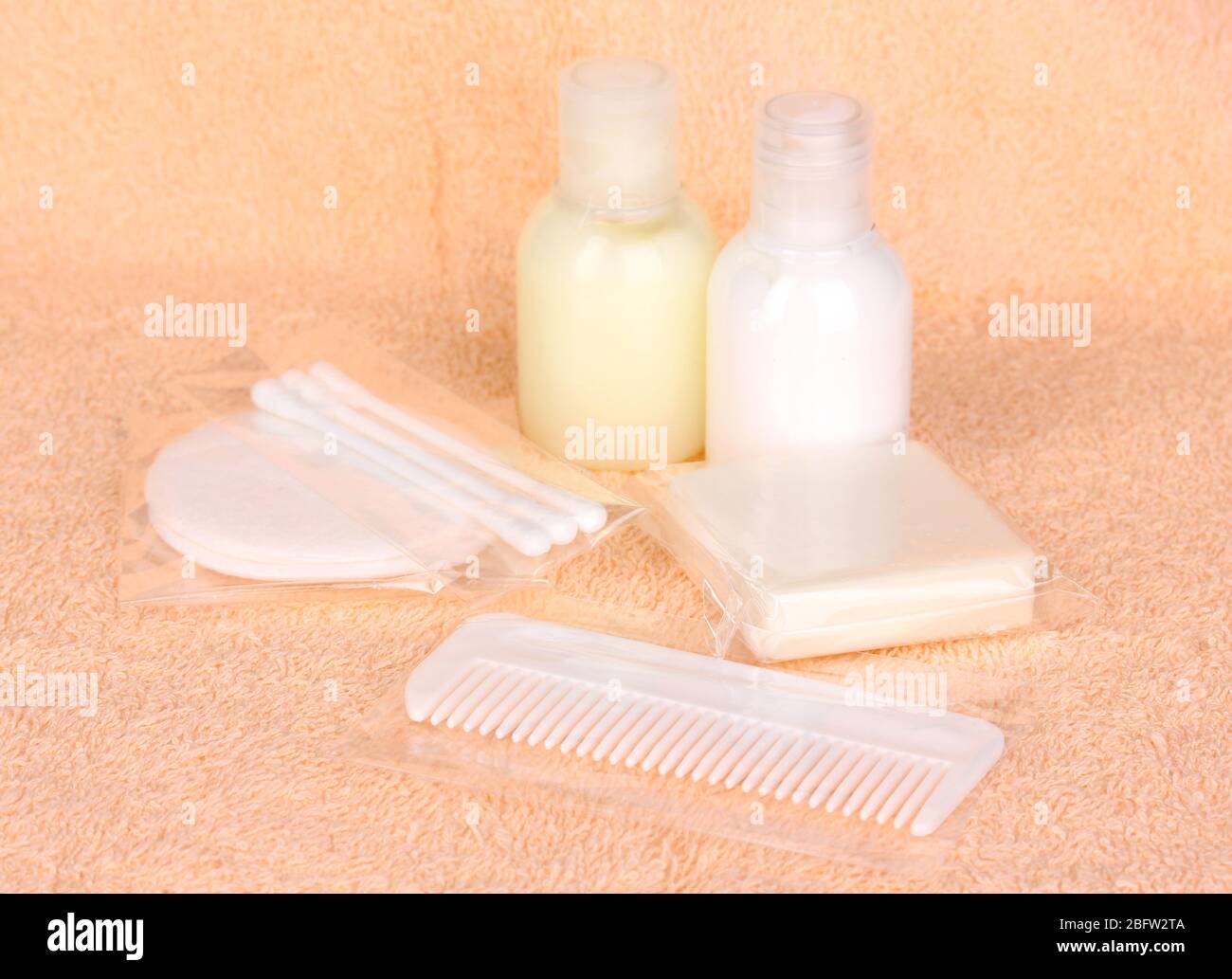 Hotel amenities kit on towel Stock Photo Alamy