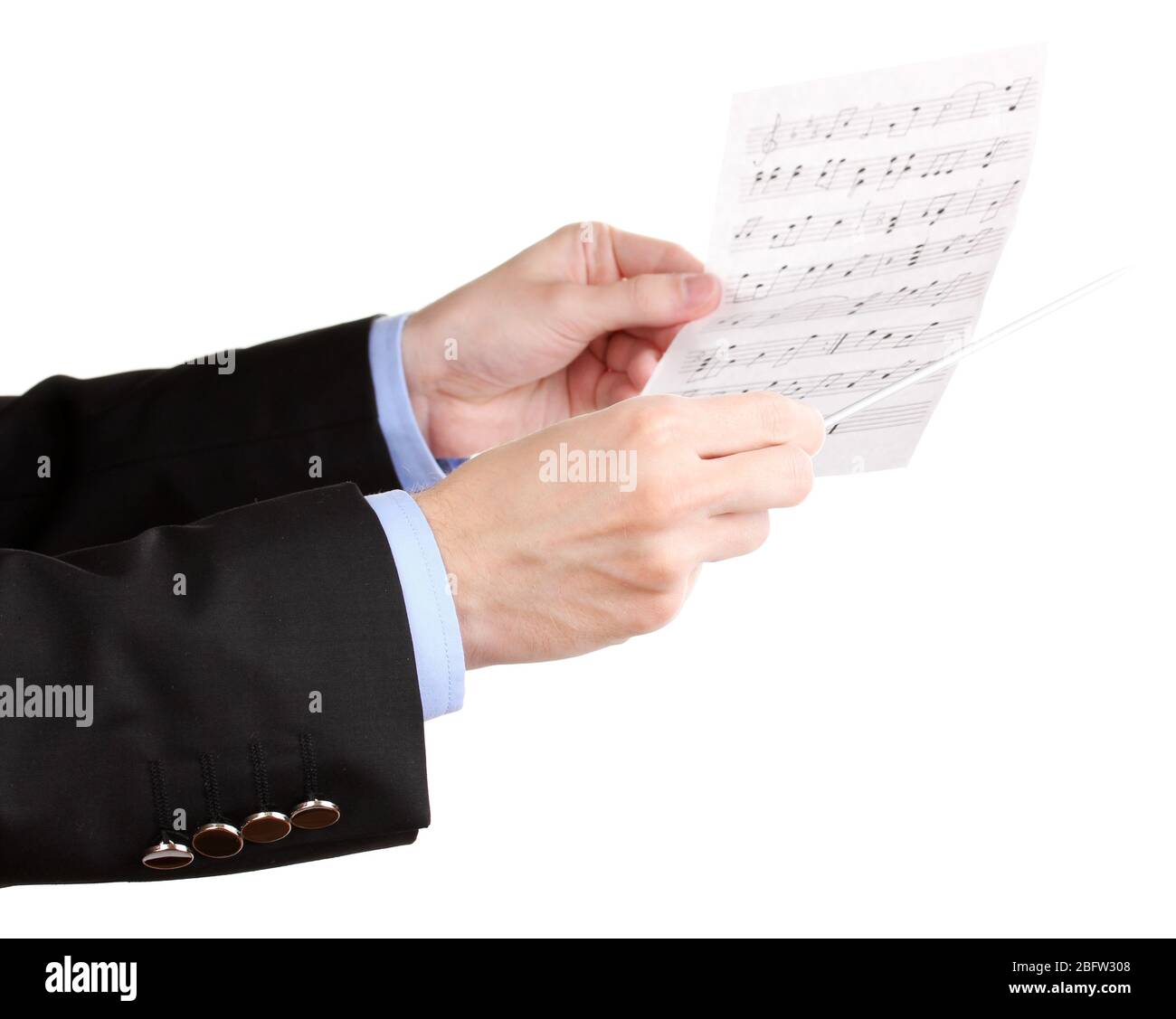 Music conductor hands with baton and notes isolated on white Stock ...