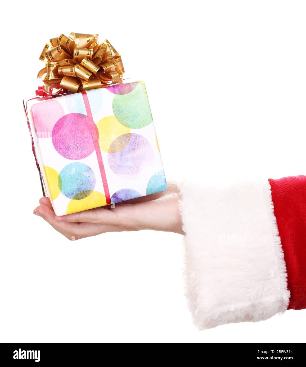 Santa Claus hand holding gift box isolated on white Stock Photo - Alamy