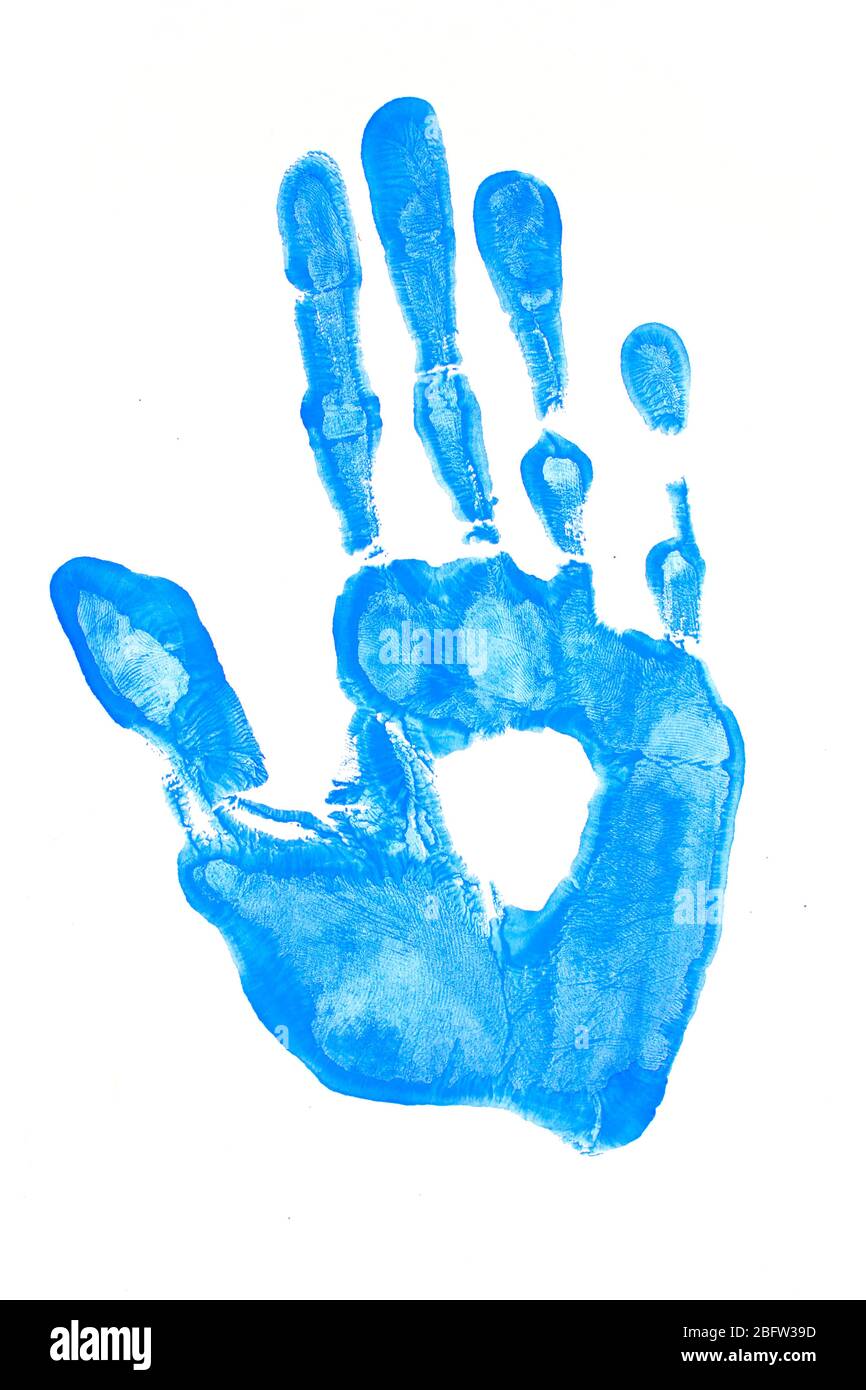 bright blue handprint on white background close-up Stock Photo - Alamy
