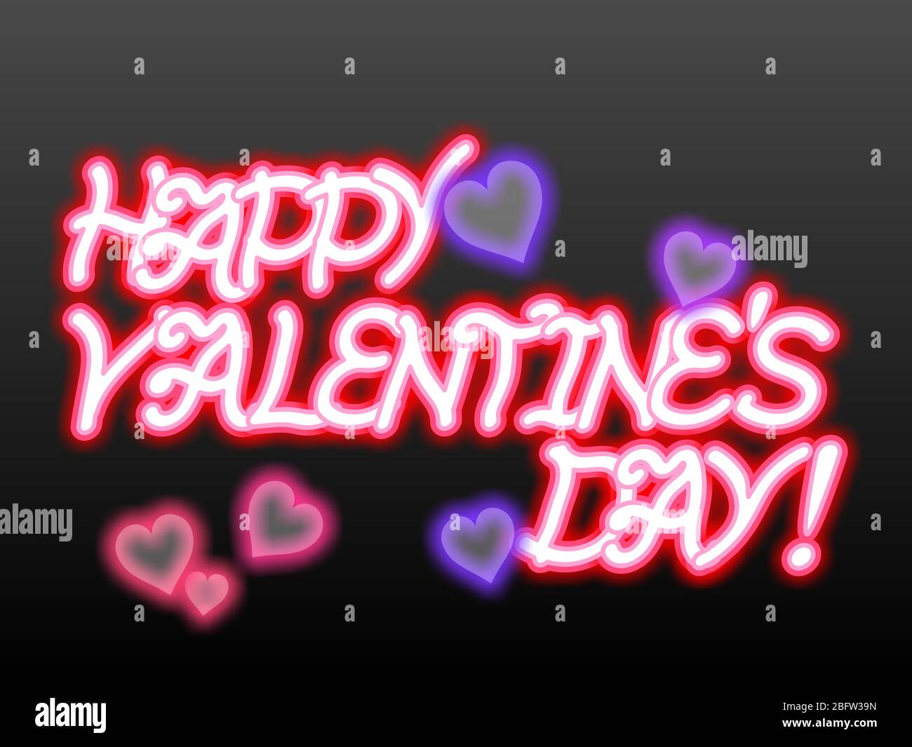 neon art of happy valentines day poster with decorative hearts and colorful glowing lights on a gradient black background. Stock Photo