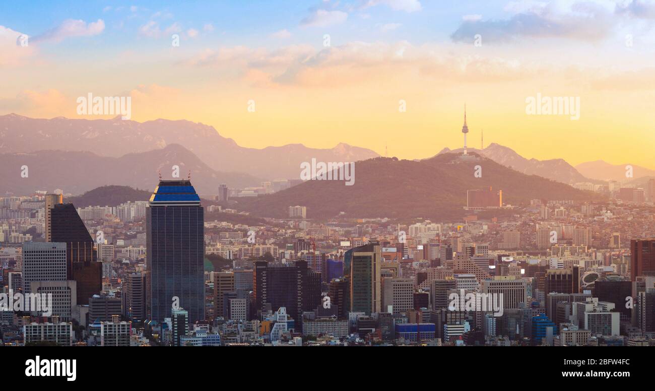 Seoul City And Downtown Skyline In Aerial In Sunset South Korea Stock seoul-city-and-downtown-skyline-in-aerial-in-sunset-south-korea-stock