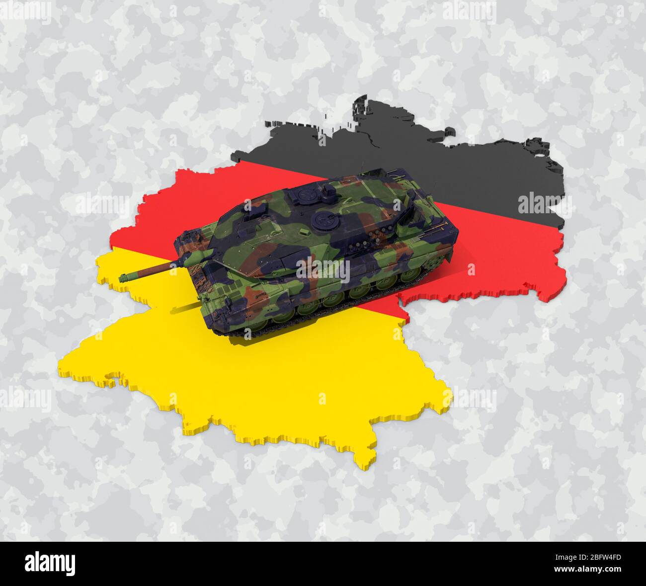 German main battle tank stands on german map silhouette Stock Photo