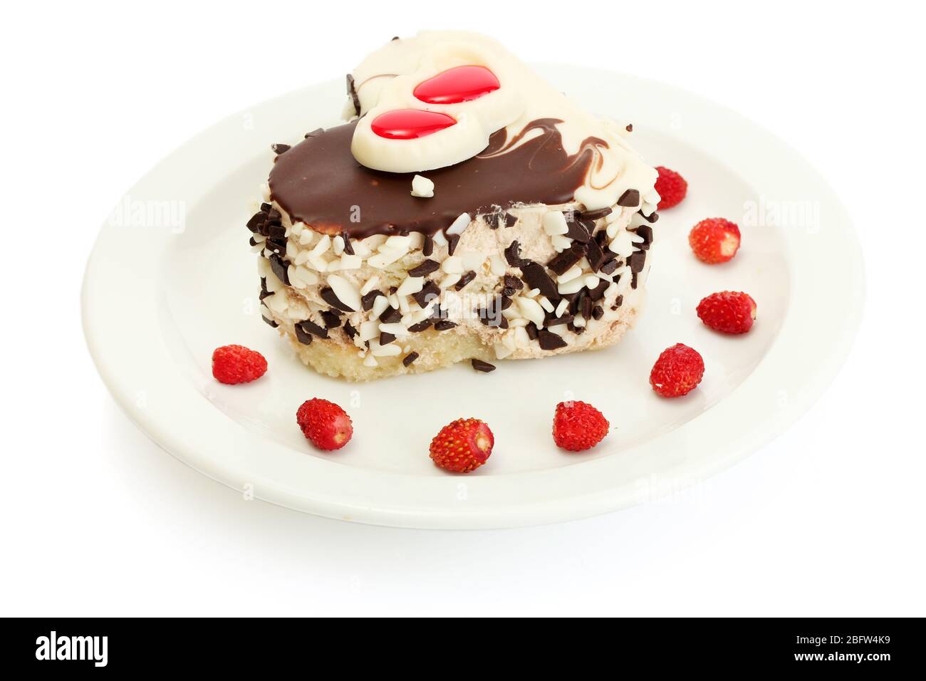 sweet cake with chocolate on plate isolated on white Stock Photo - Alamy