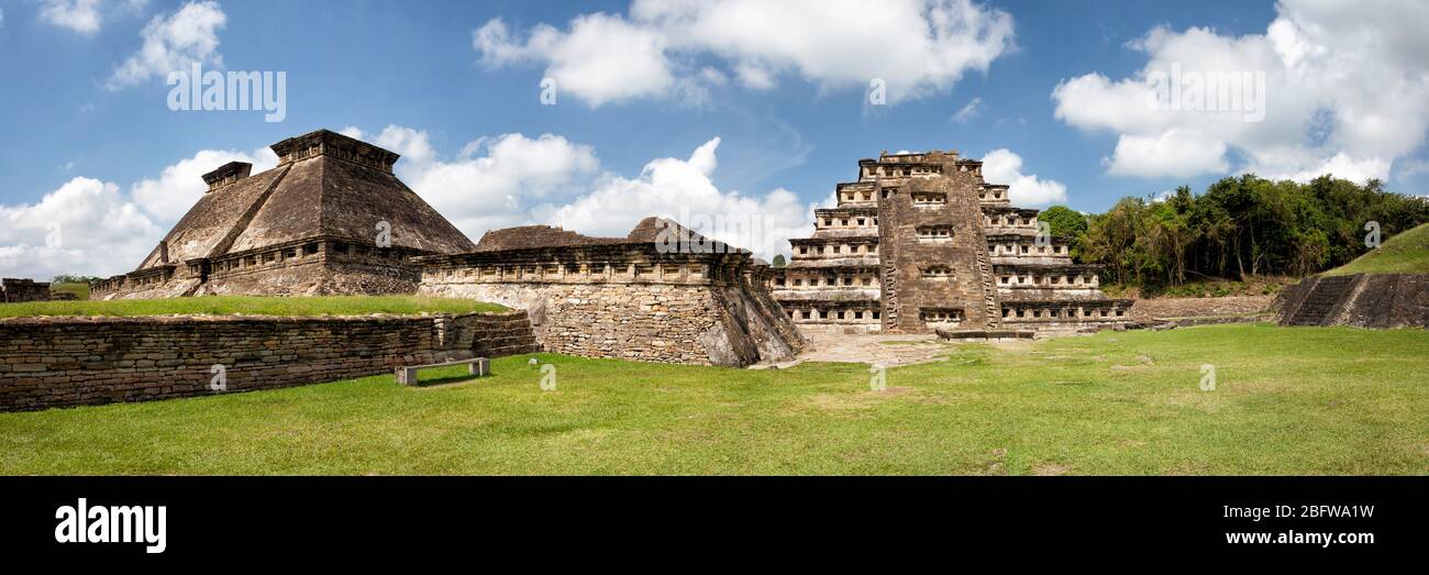 Panoramic of the Tajin ruins including the Pyramid of Niches, Papantla, Veracruz, Mexico. Stock Photo