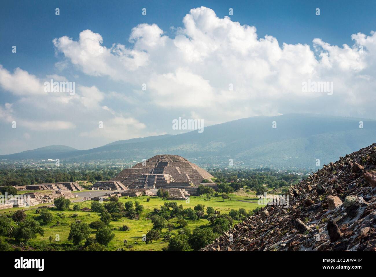 Pyramid of the Moon as seen from atop the Pyramid of the Sun in Teotihuacan, Mexico. Stock Photo