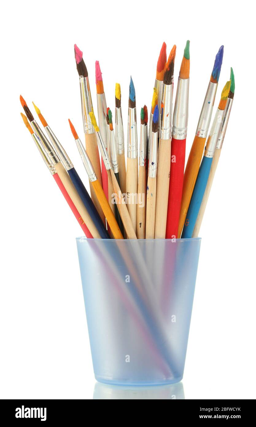 Paint brushes with gouache in cup isolated on white Stock Photo - Alamy