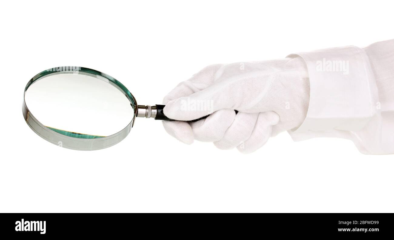 Female hand with loupe isolated on white Stock Photo Alamy