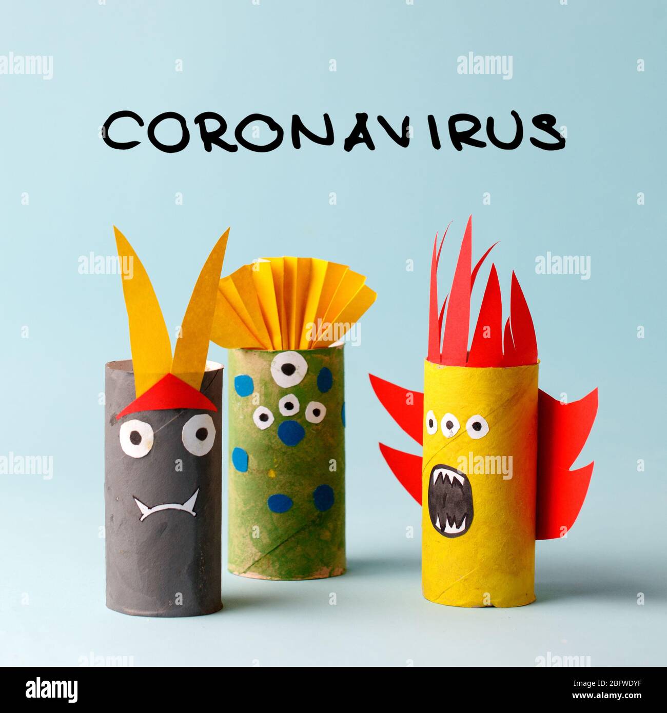 Paper Toy Ghost Bat Monsters Coronavirus For Halloween Party Easy Crafts For Kids On Blue Background Diy Creative Idea From Toilet Tube Recycle C Stock Photo Alamy