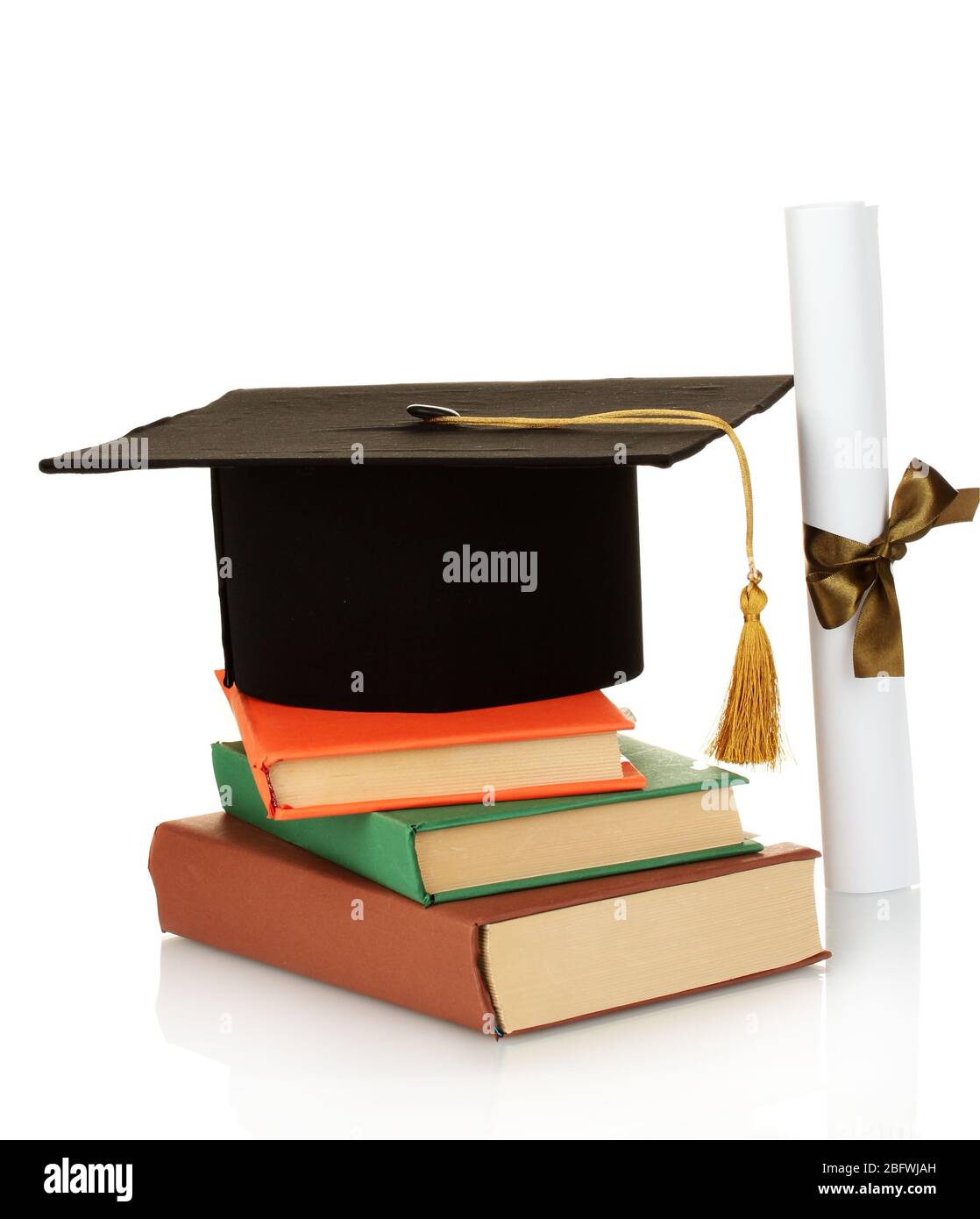 Grad hat and diploma with books isolated on white Stock Photo - Alamy