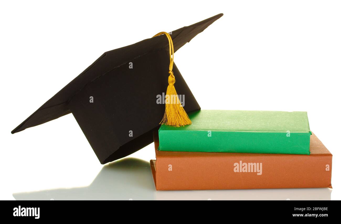 Grad hat and diploma with books isolated on white Stock Photo - Alamy