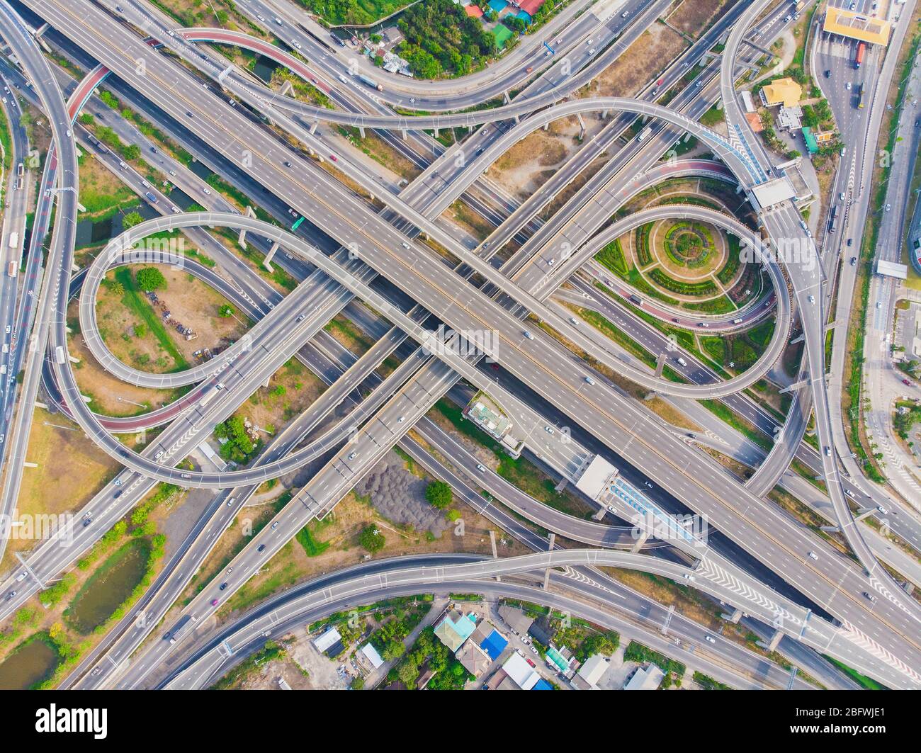 Elevated Interchanges Aerial view elevated city road junction and interchange overpass at day ...