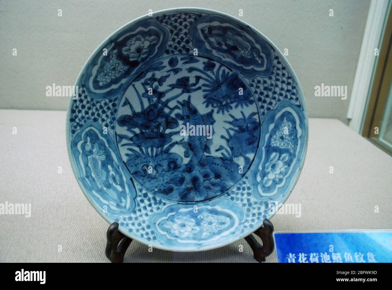 Blue and white lotus pond sturgeon pattern plate produced in Ming dynasty in the Ming Dynasty in Guangxi Zhuang Autonomous Region Museum Stock Photo