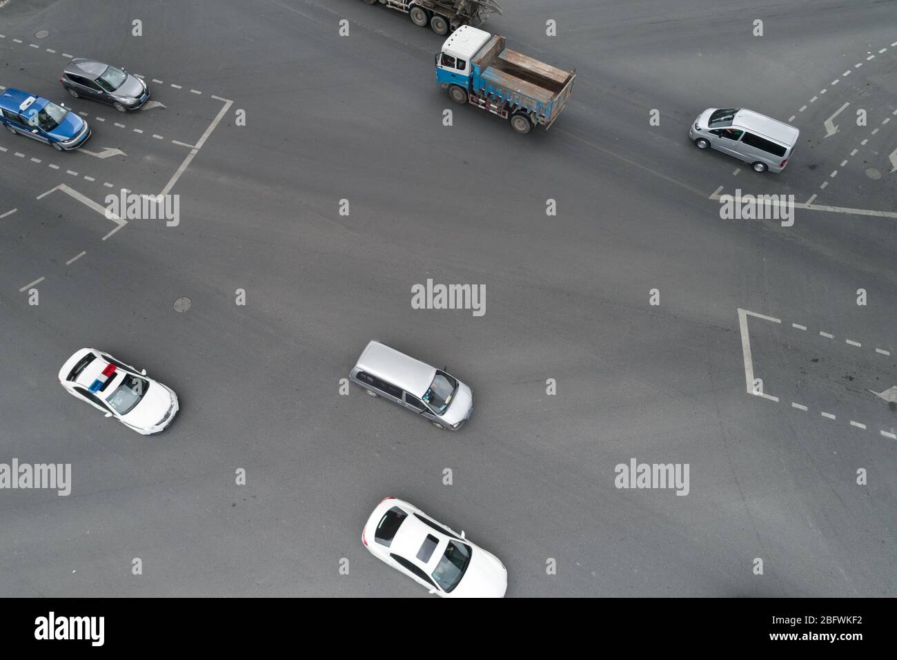 Aerial view on busy traffic intersection Stock Photo
