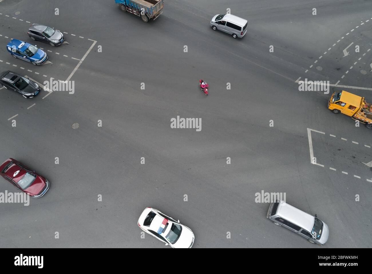 Aerial view on busy traffic intersection Stock Photo