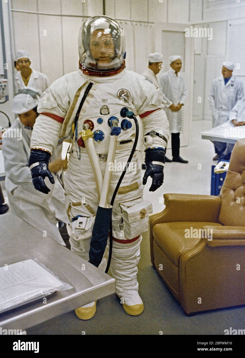 (26 July 1971) --- Astronaut David R. Scott, commander of the Apollo 15 lunar landing mission, goes through suiting up operations Stock Photo