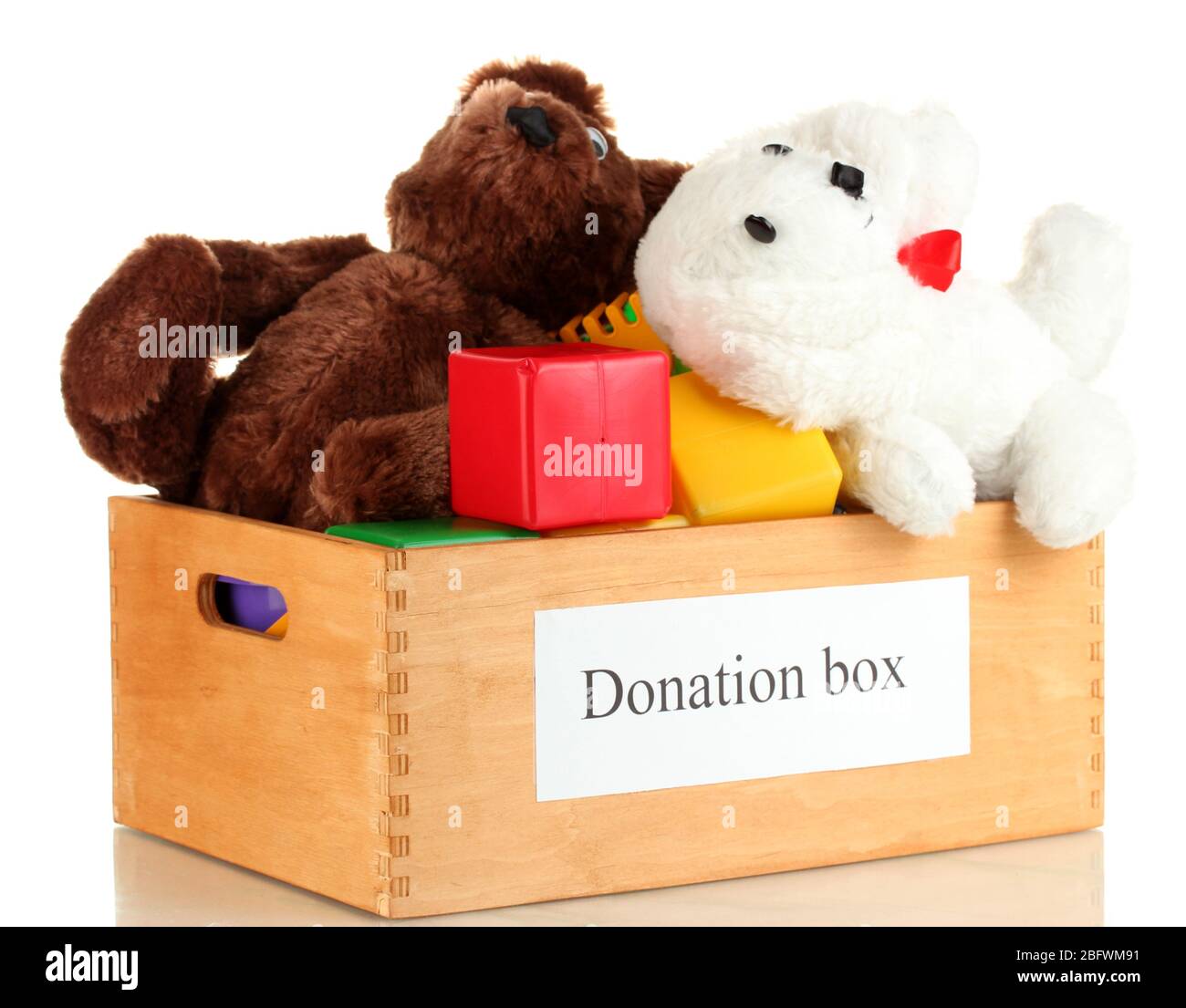 Donation box with children toys isolated on white Stock Photo Alamy
