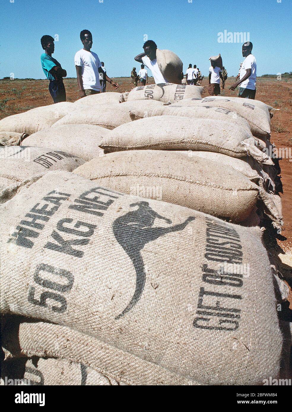 1993 - Men from the village of Maleel Somalia stack bags of wheat delivered by Marine Heavy Helicopter Squadron 363 (HMH-363) during the multinational relief effort Operation Restore Hope. Stock Photo