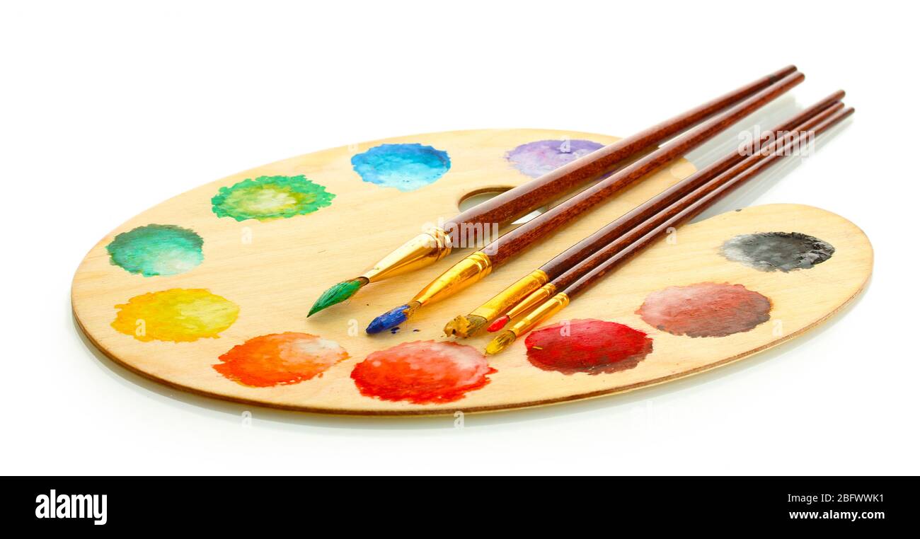wooden art palette with paint and brushes isolated on white Stock Photo ...