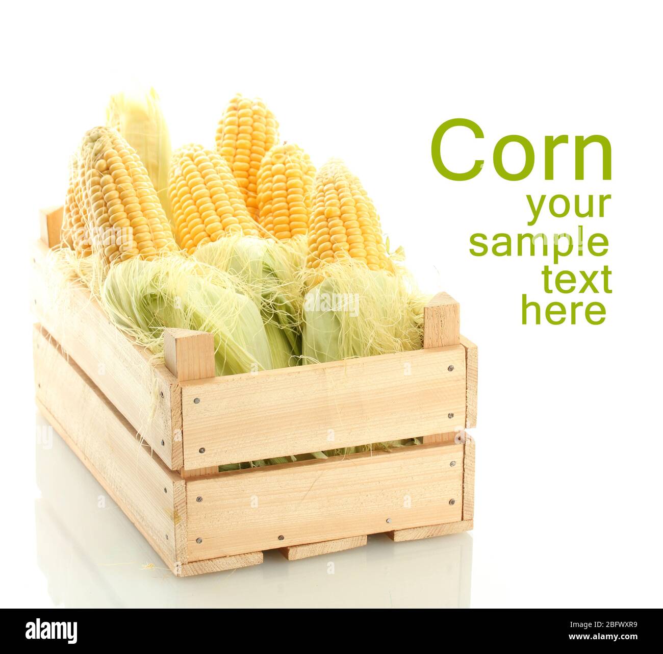 Open Corn Boxes Fresh corn in wooden box, isolated on white Stock Photo - Alamy