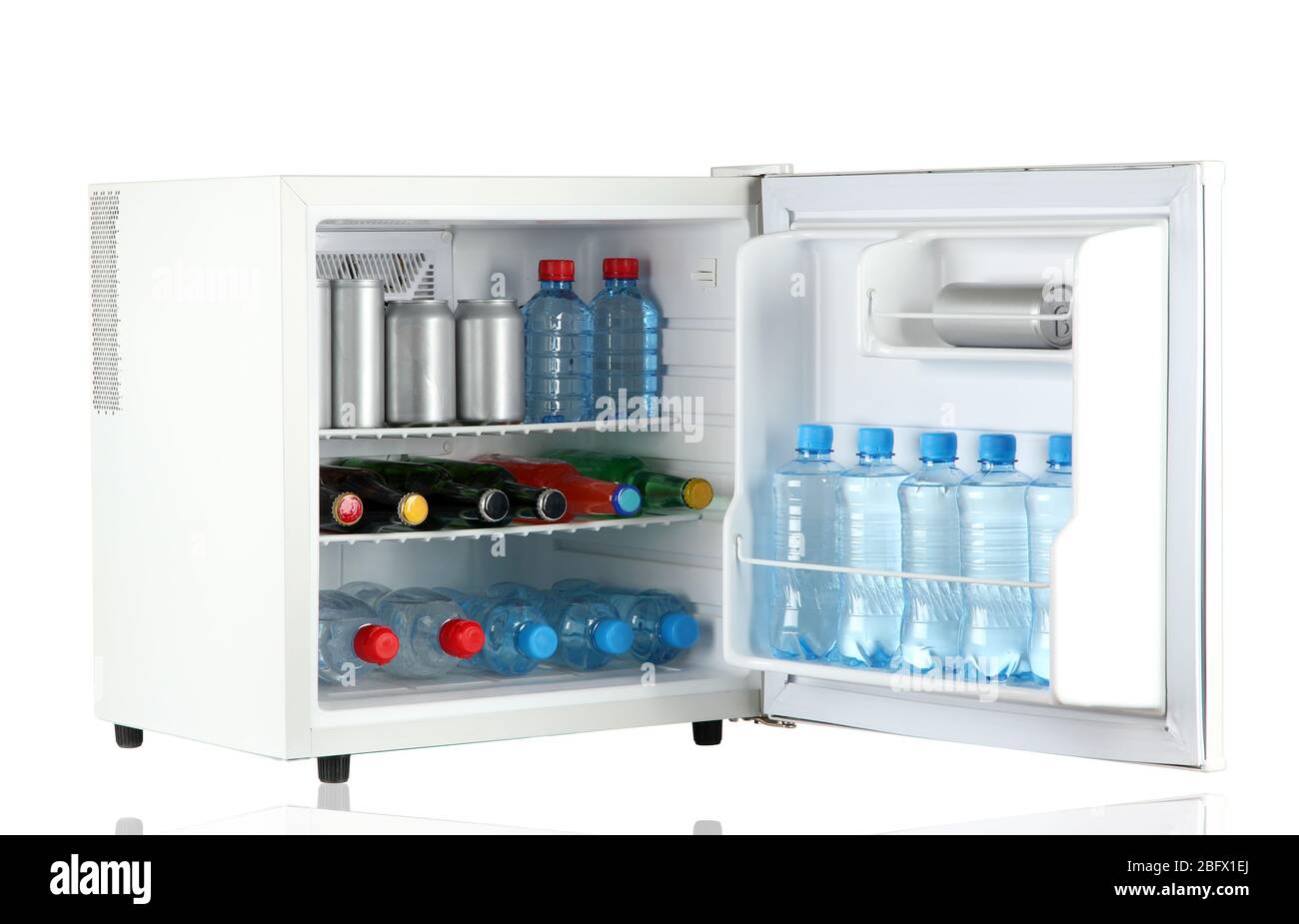 mini fridge full of bottles and jars with various drinks isolated on