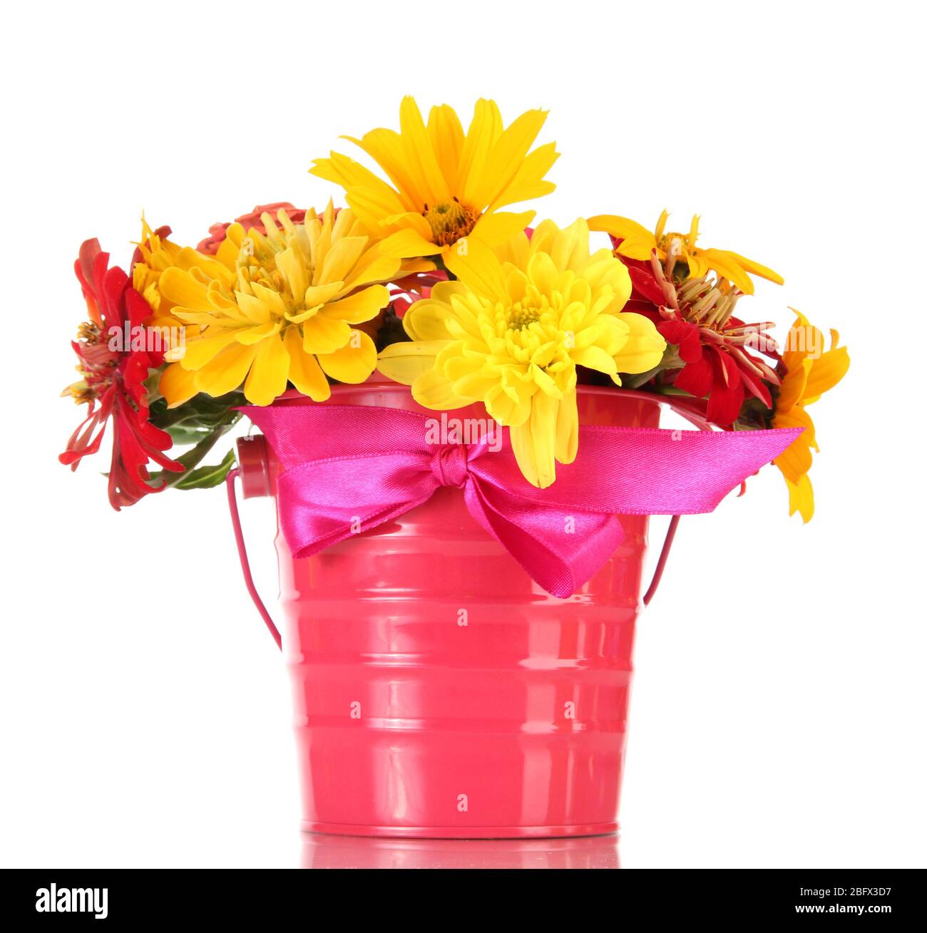 bouquet of beautiful summer flowers in bucket, isolated on white Stock